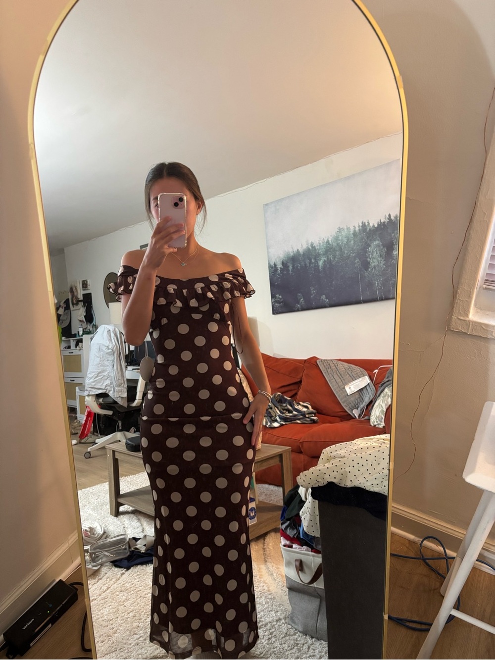 Off-Shoulder Brown Polka Dot Maxi Dress